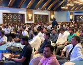 Business seminar in a hotel ballroom